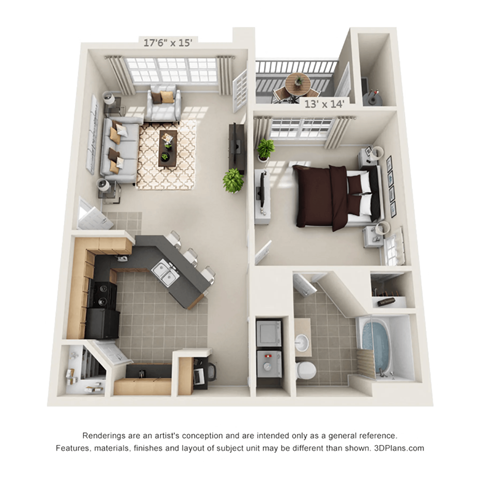 Floor plan for 1 bed, 1 bath, 837 sqft